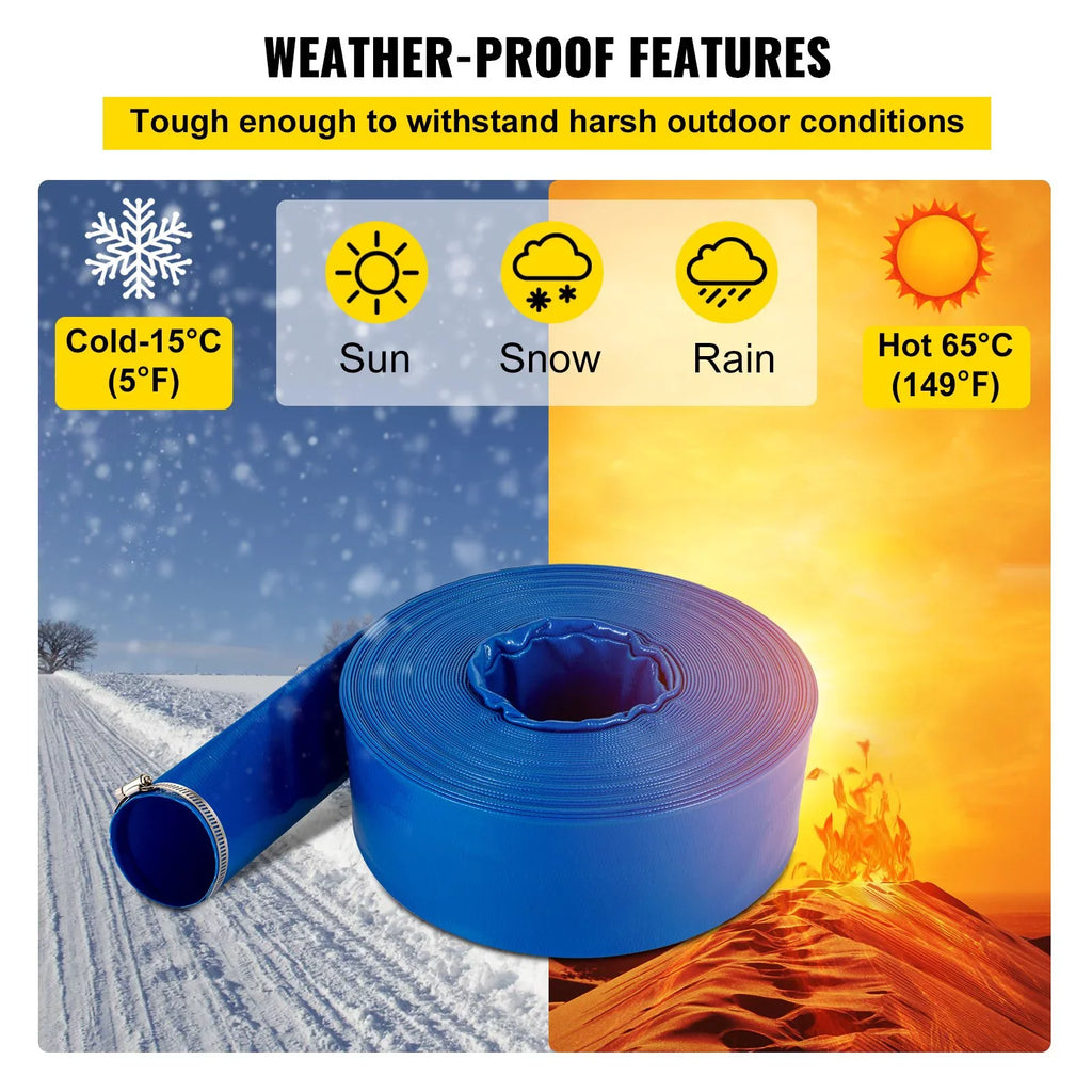 VEVOR Discharge Hose, 1-12" x 105', PVC Fabric Lay FLatitude Hose, Heavy Duty Backwash Drain Hose with Clamps, Weather-proof & Burst-proof, Ideal for Swimming Pool & Water Transfer, Blue