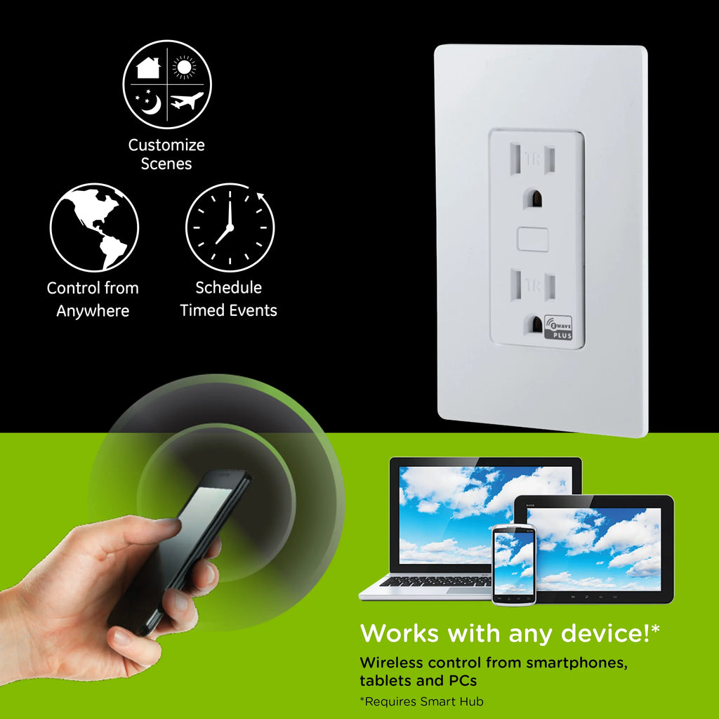 Enbrighten Z-Wave Smart Tamper-Resistant Outlet, Z-Wave Hub Required, 55256, White