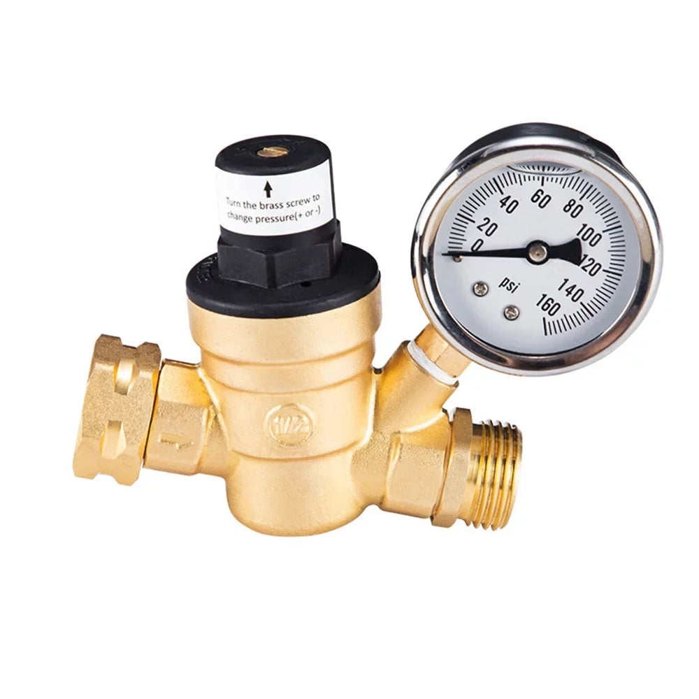 Adjustable Water Pressure ReguLatitudeor Valve - Lead-Free Brass, with 0-160PSI Gauge and Inlet Screened Filter, Ideal for RV and Travel Trailers