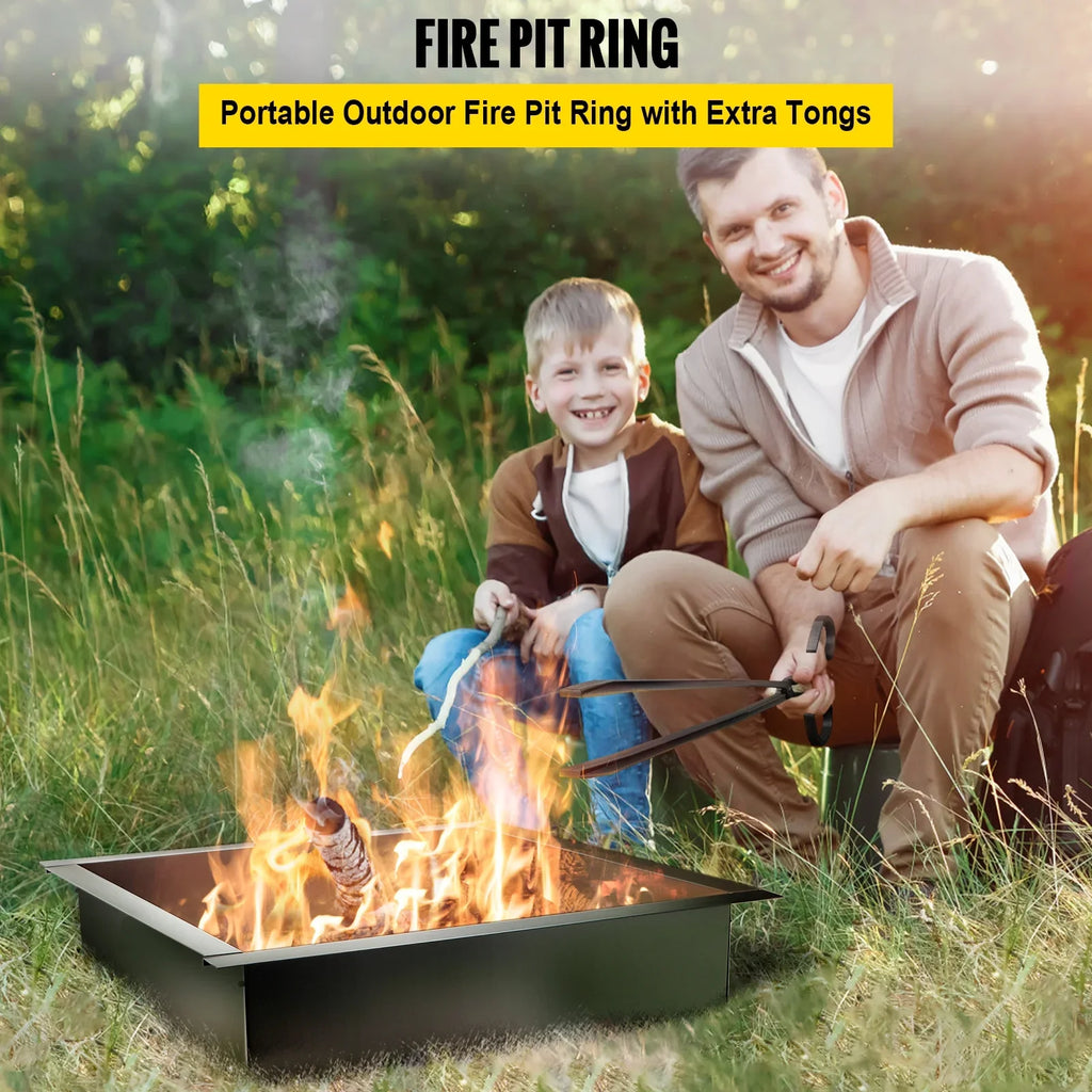 BENTISM Fire Pit Ring, 30" Square Fire Pit Insert, Heavy Duty Steel Fire Ring, DIY Bonfire Liner with Tongs Insert with Simple InstalLatitudeion for Outdoor, Patio, Backyard