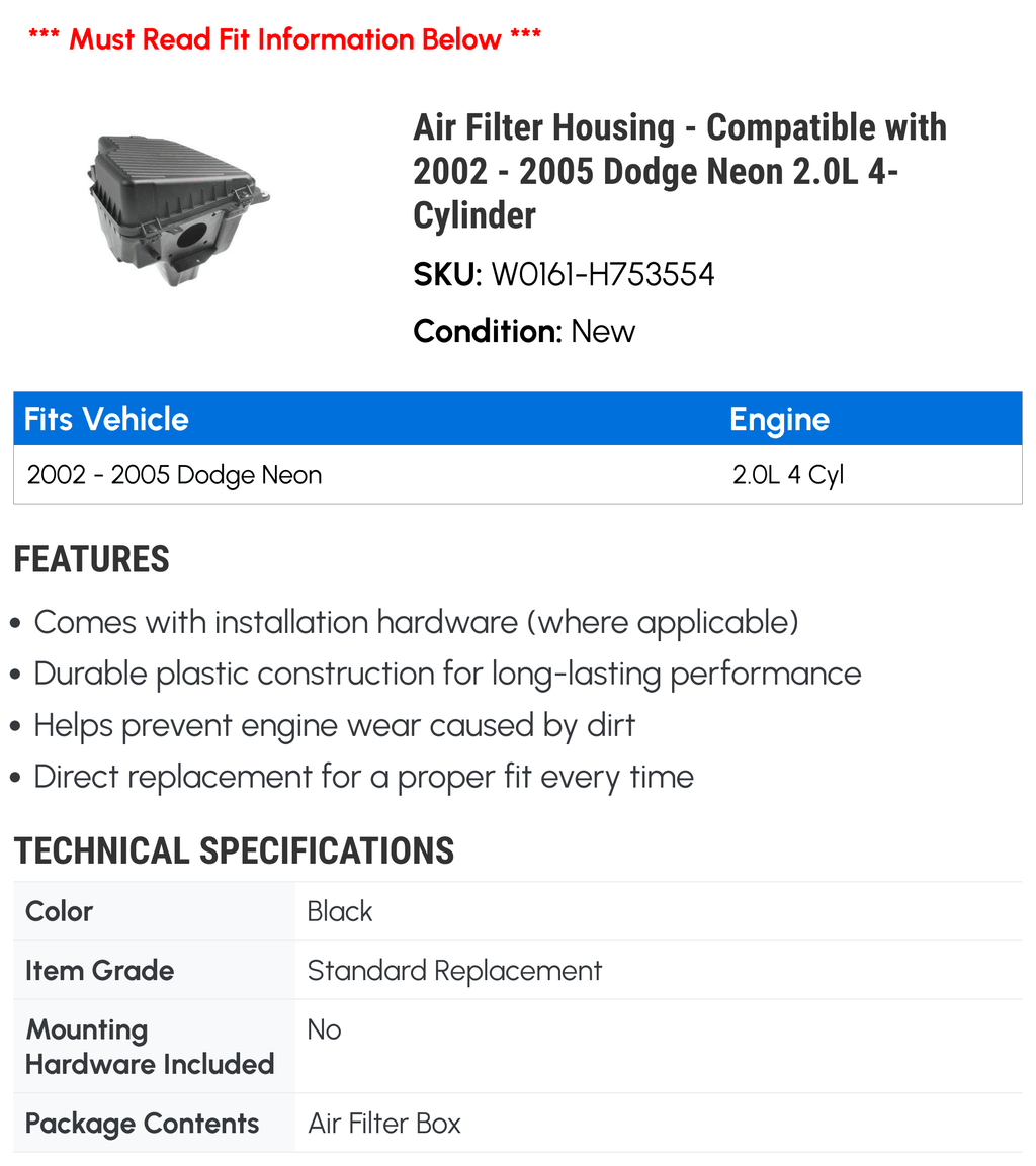 Air Filter Housing - Compatible with 2002 - 2005 Dodge Neon 2.0L 4-Cylinder 2003 2004