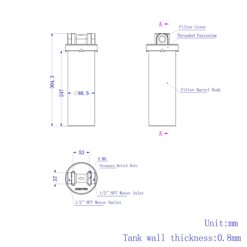 EQCOTWEA 304 Stainless Steel Water Filter Housing for 10" Cartridges 1/2"NPT with Bracket and Wrench Pin