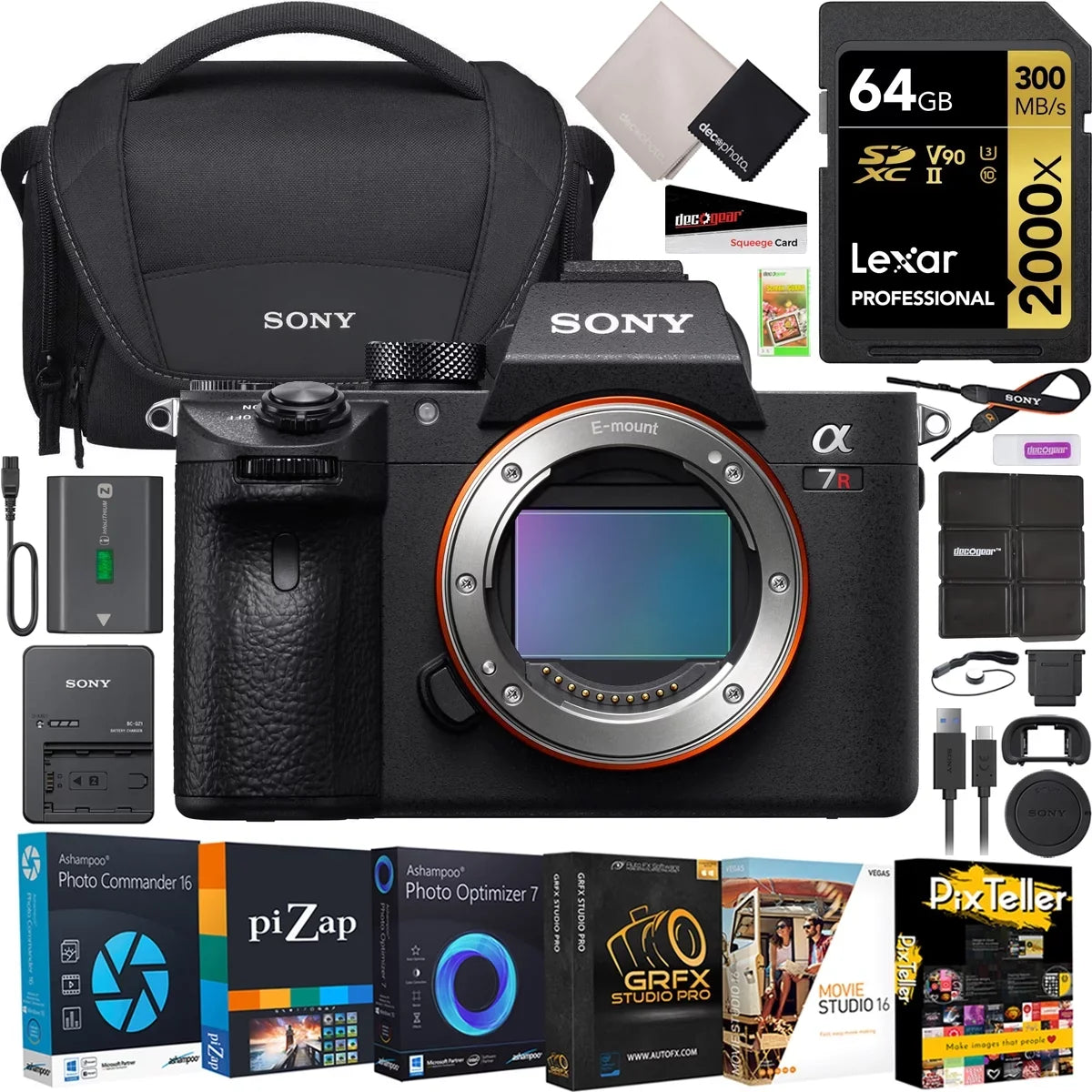 Sony a7R III Mirrorless Full Frame Camera Body New Version ILCE-7RM3A/B Bundle with Sony LCSU21 Case + Lexar 2000X 64GB Memory Card, Photo Video Software Kit + Deco Gear Accessories