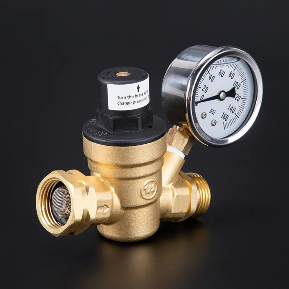 Adjustable Water Pressure ReguLatitudeor Valve - Lead-Free Brass, with 0-160PSI Gauge and Inlet Screened Filter, Ideal for RV and Travel Trailers