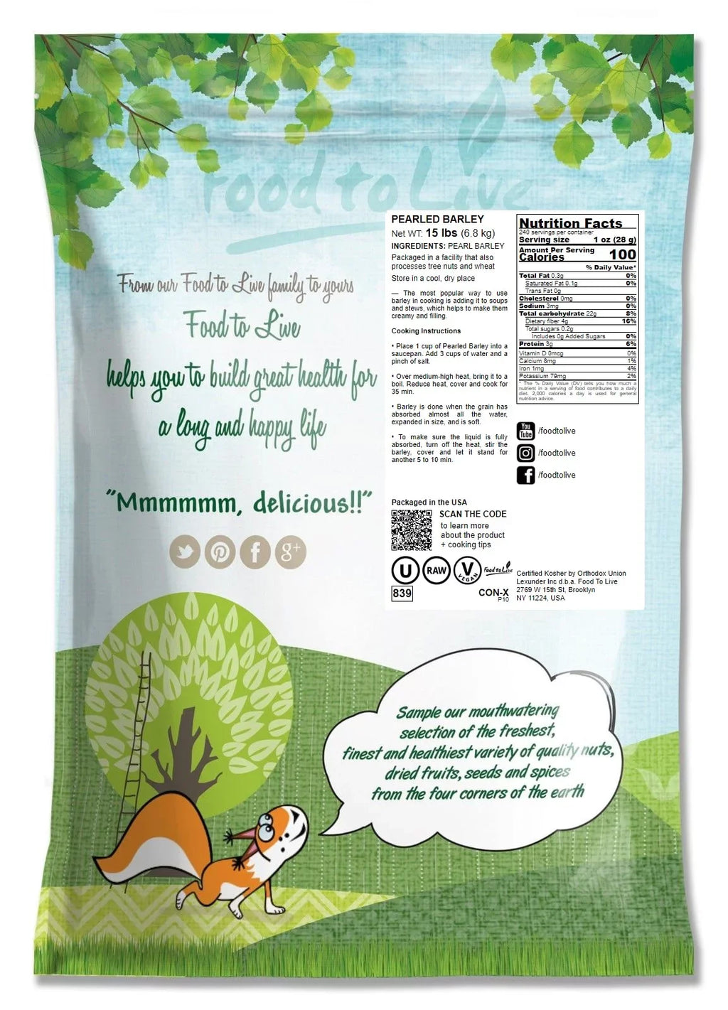 Pearled Barley, 15 Pounds — Kosher, Vegan, Raw — by Food to Live
