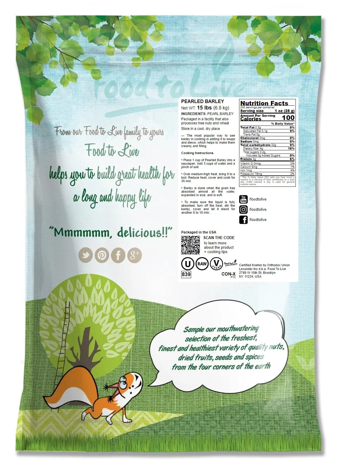 Pearled Barley, 15 Pounds — Kosher, Vegan, Raw — by Food to Live