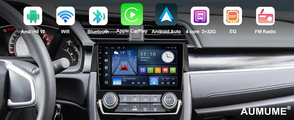 Android 10 Double Din Car Stereo for Honda Civic 2016-2020 with 9 Inch Touchdisplay Radio Built-in Wireless Carplay/Android Auto/GPS/Bluetooth/FM/AUX-in/Steering Wheel Control Backup Camera 2+32G