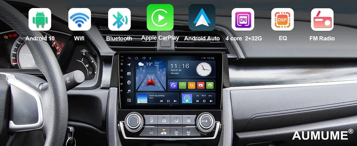 Android 10 Double Din Car Stereo for Honda Civic 2016-2020 with 9 Inch Touchdisplay Radio Built-in Wireless Carplay/Android Auto/GPS/Bluetooth/FM/AUX-in/Steering Wheel Control Backup Camera 2+32G