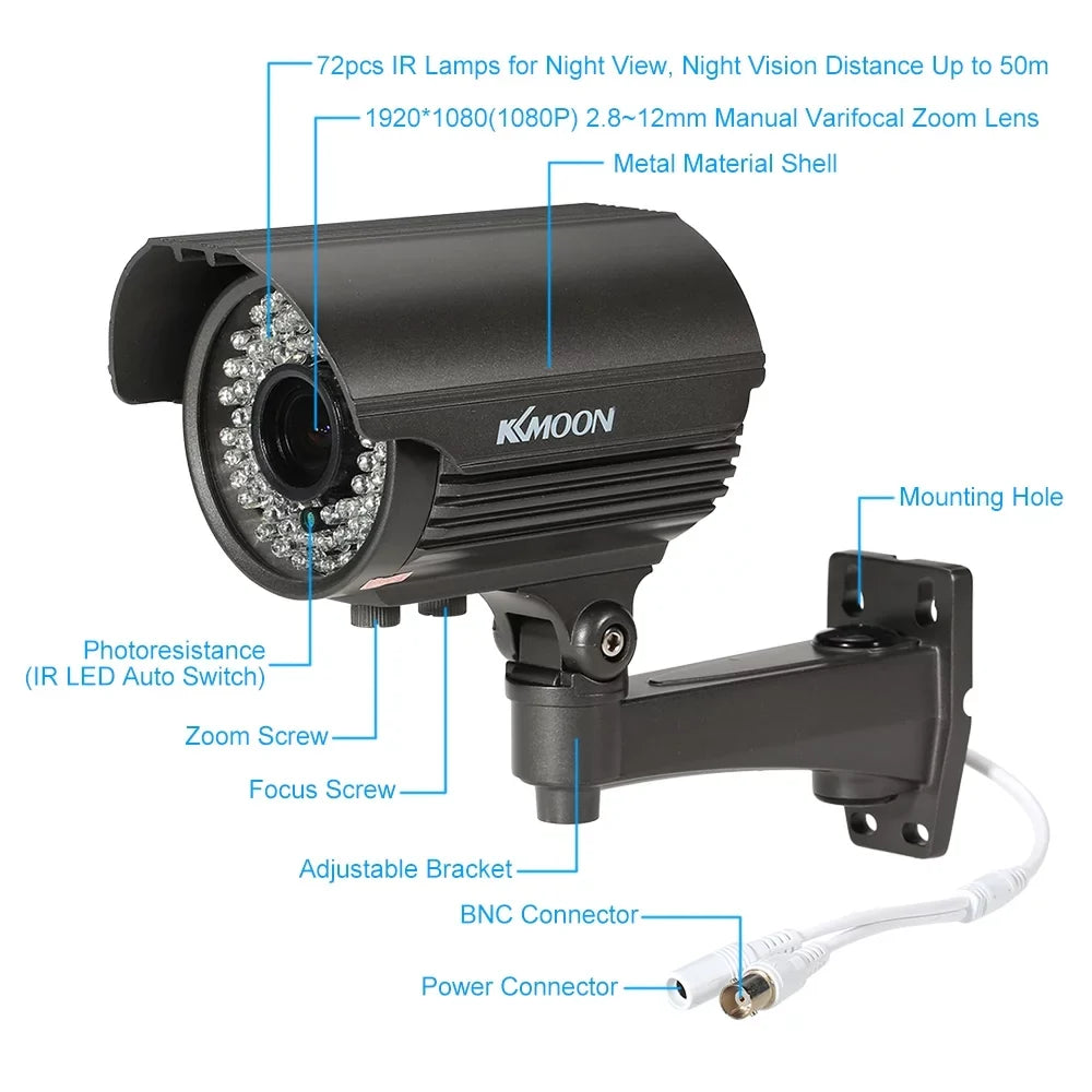 Walmeck 1080P AHD Bullet CCTV Analog Camera 2.8~12mm Manual Zoom Varifocal Lens 1/3” for Sony CMOS 2.0MP IR-CUT 72 IR LEDS Night Vision Weatherproof Indoor Outdoor  PAL System