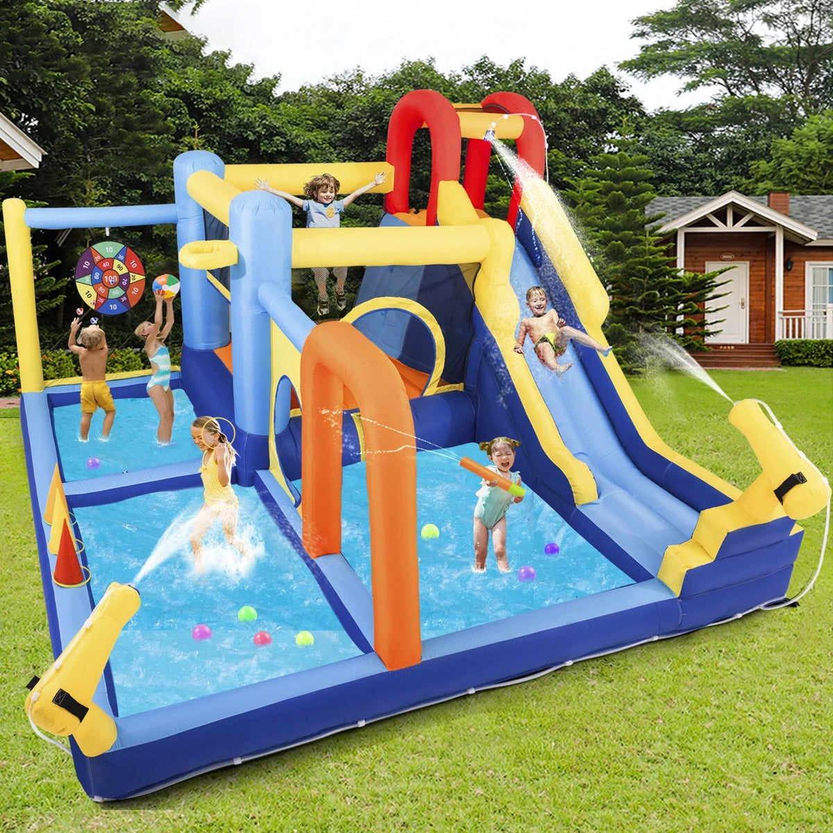 JOYLDIAS InfLatitudeable Water Slide Bouncer Castle Kids Playhouse with Splash Pool, Climbing Wall, Trampoline, Felt Ball Target, Ring Toss Game, 550W Air Blower