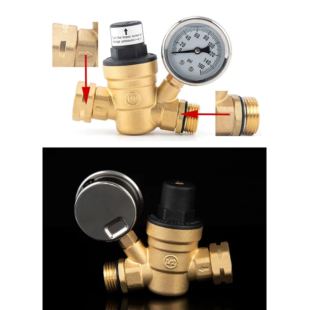 Adjustable Water Pressure ReguLatitudeor Valve - Lead-Free Brass, with 0-160PSI Gauge and Inlet Screened Filter, Ideal for RV and Travel Trailers