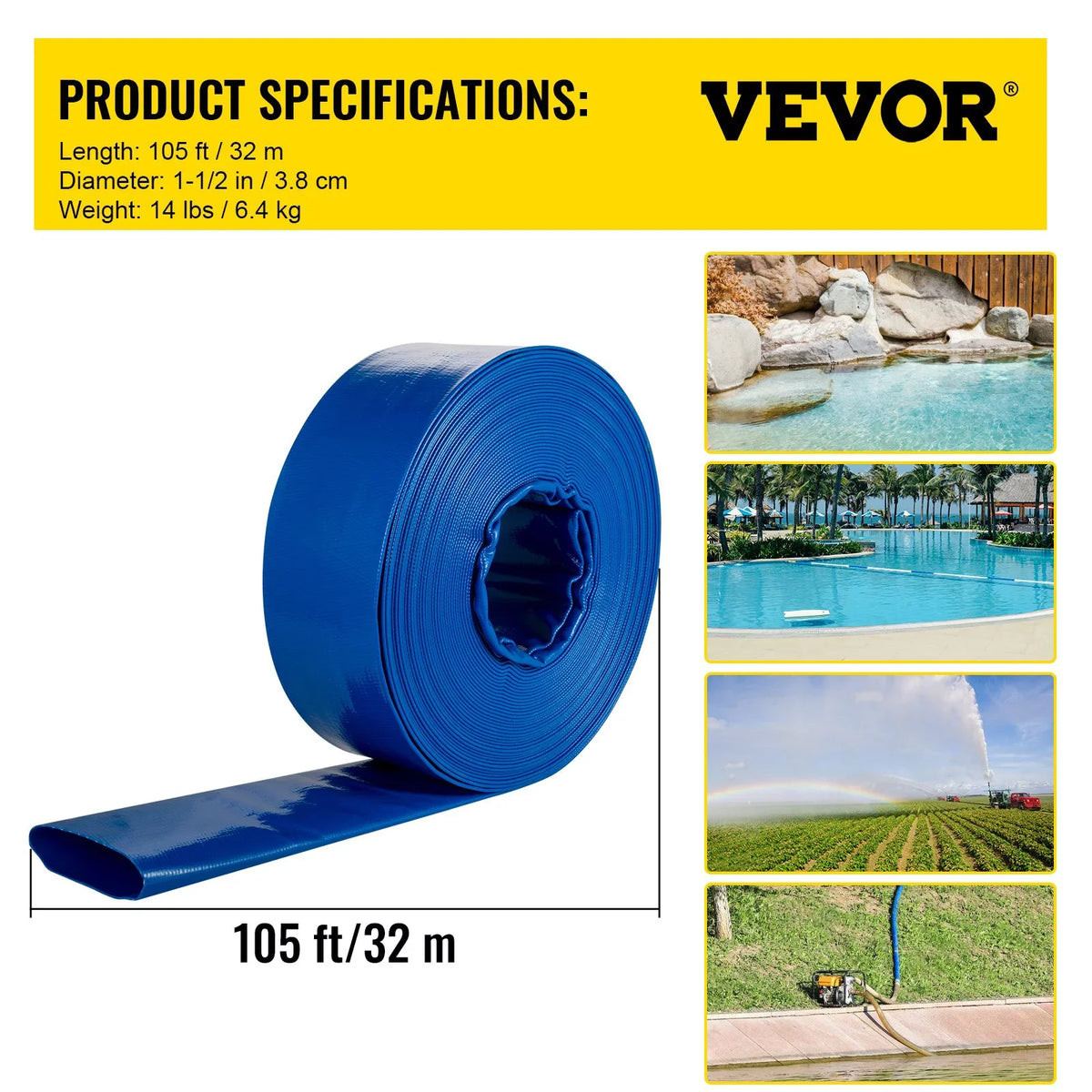 VEVOR Discharge Hose, 1-12" x 105', PVC Fabric Lay FLatitude Hose, Heavy Duty Backwash Drain Hose with Clamps, Weather-proof & Burst-proof, Ideal for Swimming Pool & Water Transfer, Blue