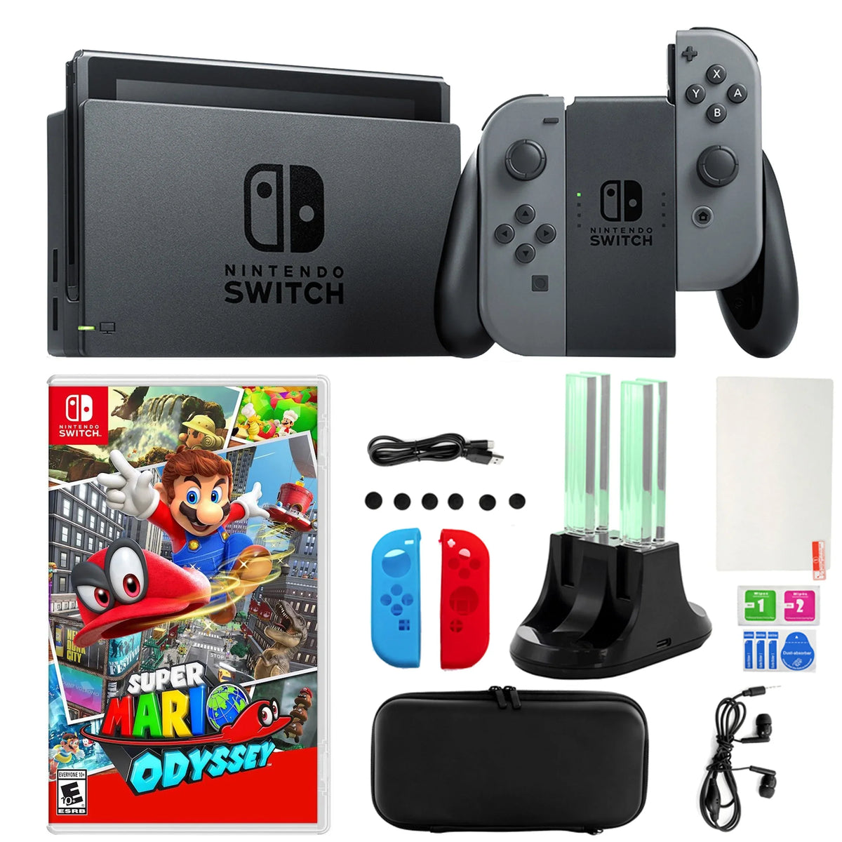 Nintendo Switch Gray Joy-Con with Mario Party and 14 in 1 Accessories Kit