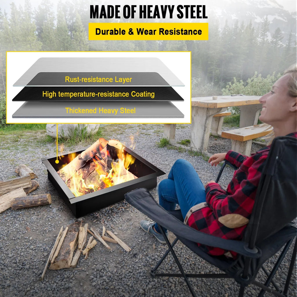 BENTISM Fire Pit Ring, 30" Square Fire Pit Insert, Heavy Duty Steel Fire Ring, DIY Bonfire Liner with Tongs Insert with Simple InstalLatitudeion for Outdoor, Patio, Backyard