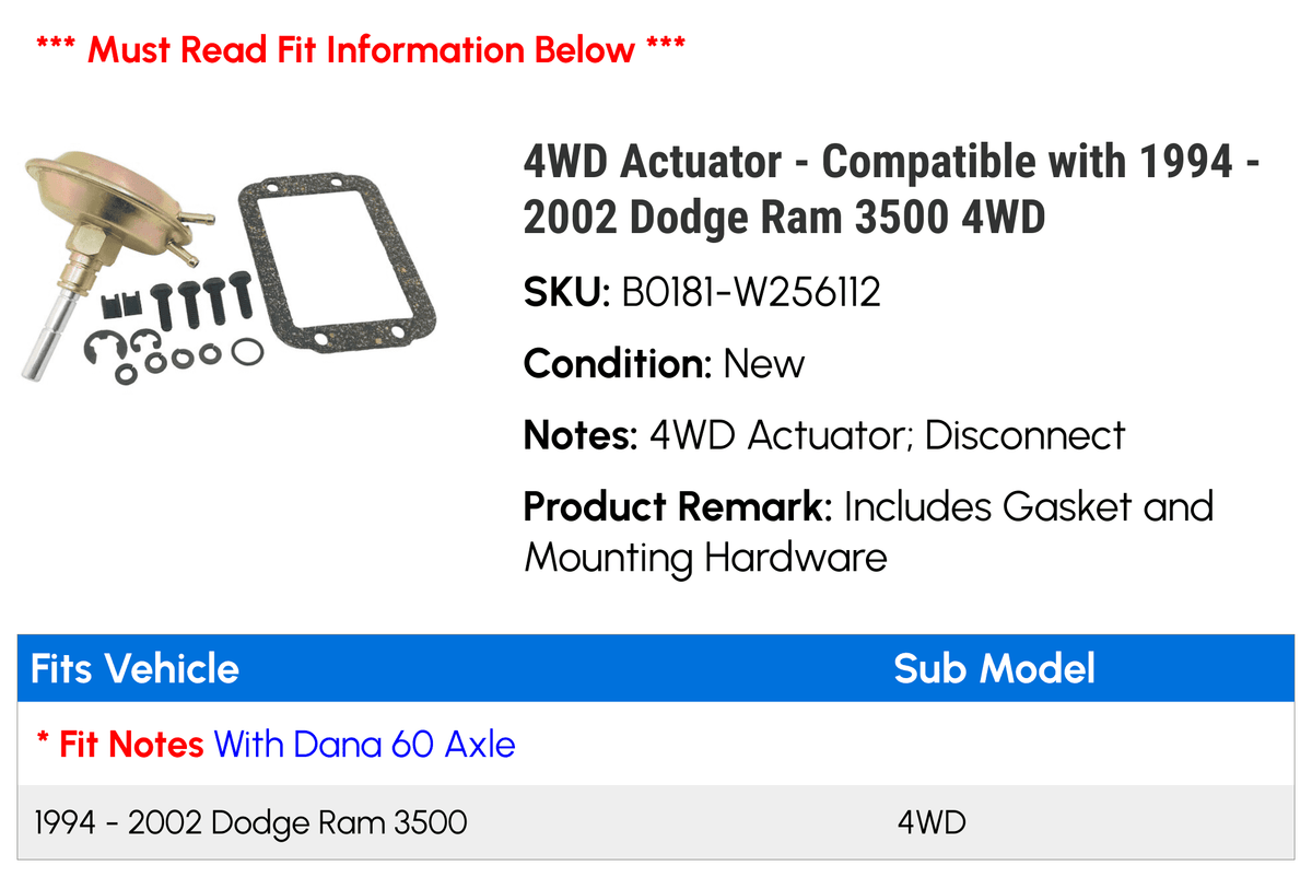 4WD Actuator - Compatible with 1994 - 2002 Dodge Ram 3500 4WD 1995 1996 1997 1998 1999 2000 2001