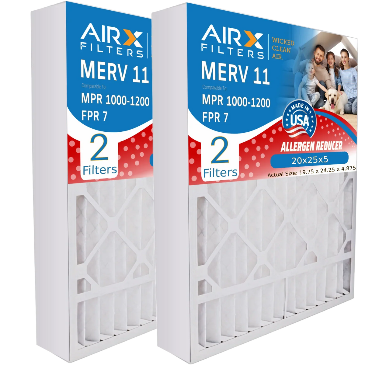 20x25x5 Air Filter MERV 11 Comparable to MPR 1000, MPR 1200 & FPR 7 Compatible with Air Bear 255649-102 Premium USA Made 20x25x5 Furnace Filter 2 Pack by AIRX FILTERS WICKED CLEAN AIR.