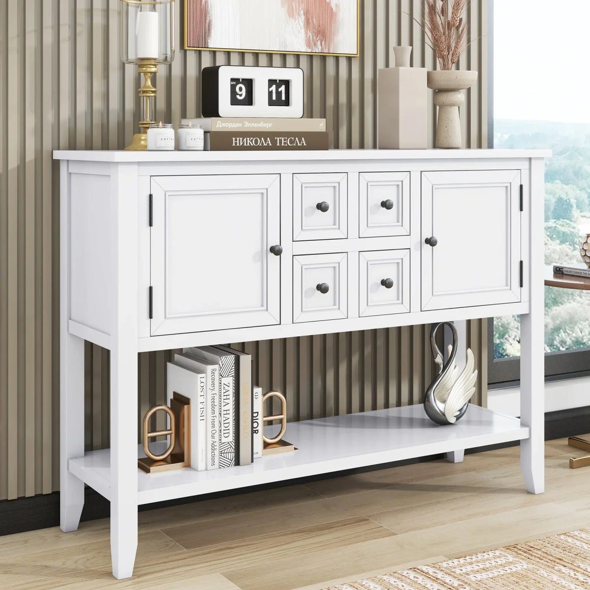 TREXM Cambridge Series Ample Storage Vintage Console Table with Four Small Drawers and Bottom Shelf for Living Rooms  Entrances and Kitchens (Light Navy  OLD SKU  WF190263AAH)