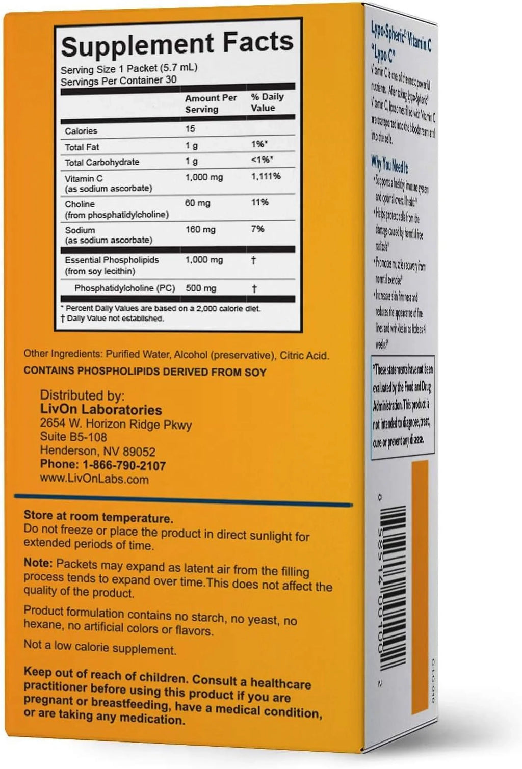 Lypo-Spheric Vitamin C - 3 Cartons (90 Packets) - 1,000 mg Vitamin C & 1,000 mg Essential Phospholipids Per Packet - Liposome EncapsuLatitudeed for Improved Absorption - 100% Non-GMO