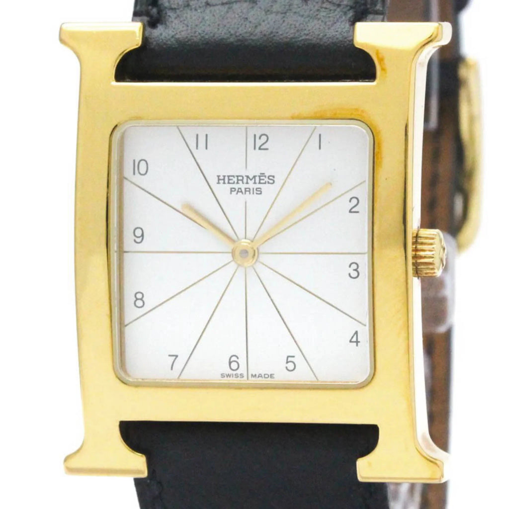 Pre-Owned HERMES H Watch Gold PLatitudeed Leather Quartz Mens Watch HH1.501 BF569965 (Good)