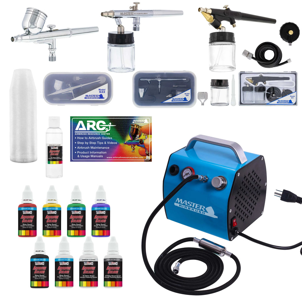 Pro Airbrush System w/ 3 Airbrushes Deluxe Air Compressor & 6 Paint Colors