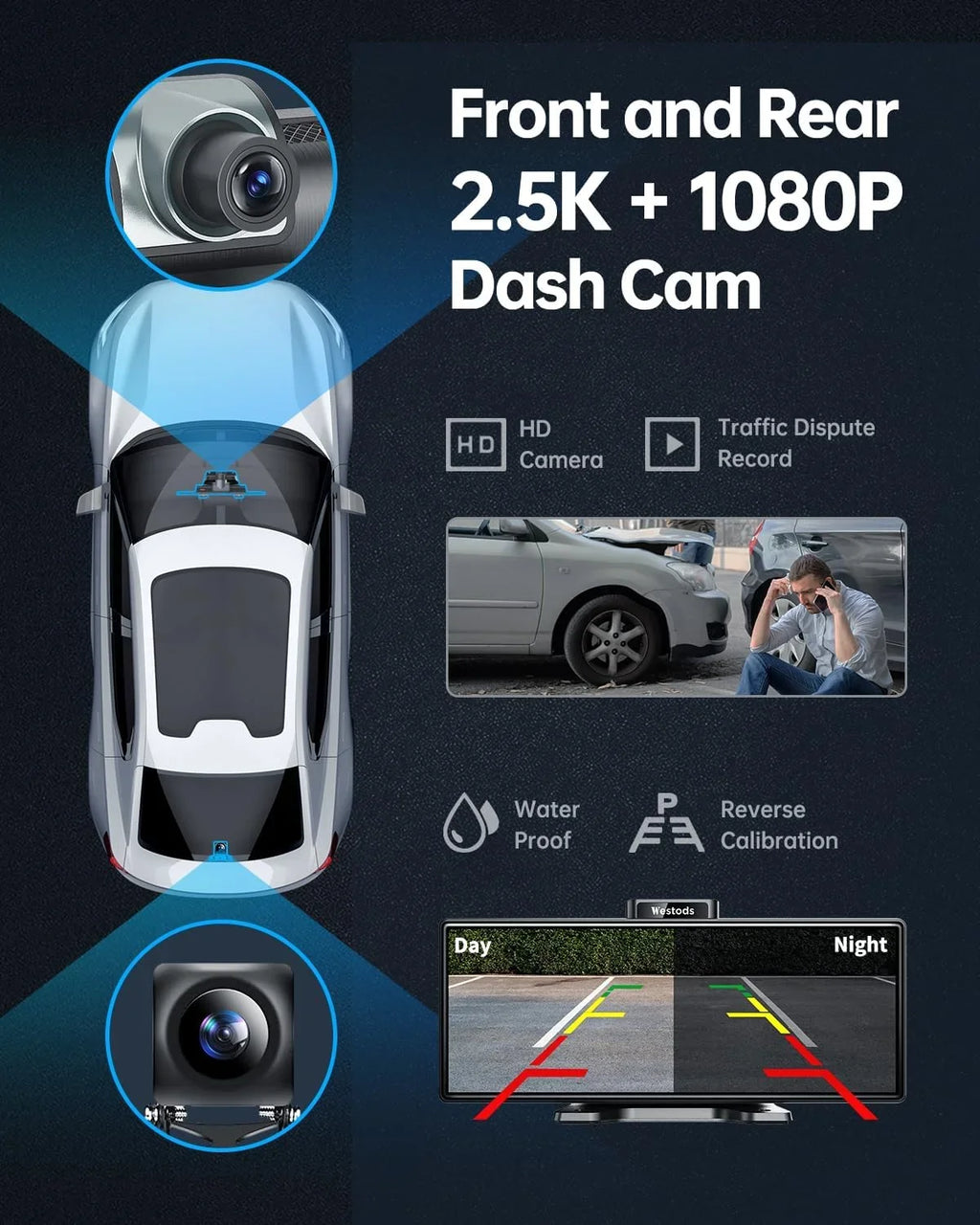 CAIHONG Portable 10.26" Wireless Carplay Screen & Android Auto with Adjustable & Detachable Mount, 2.5K Dash Cam & 1080P Backup Camera, HD IPS Touchdisplay, GPS Navigation, Bluetooth, Car Stereo, Radio