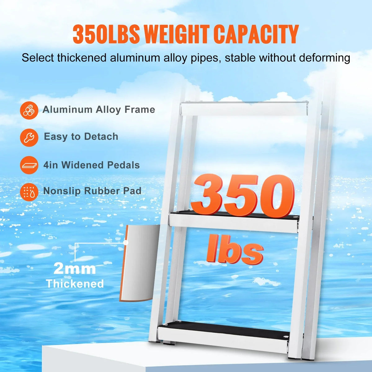 VEVOR Removable 3-Step Dock Ladder - 350 lbs Capacity, Aluminum Alloy with 4'' Wide Nonslip Steps, Simple InstalLatitudeion for Boats, Lakes, Pools & Marine Access