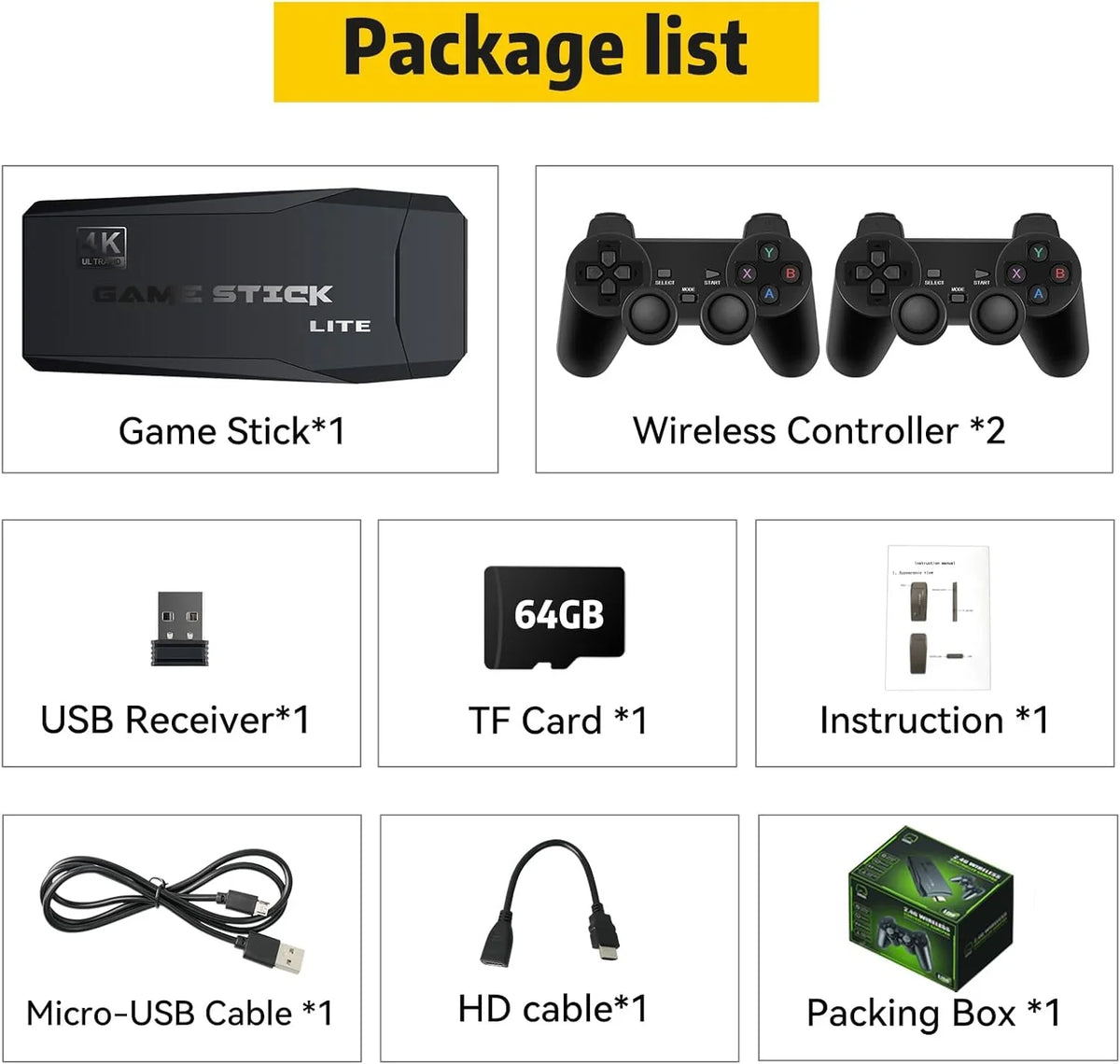 Game Stick 64G, 25,000+ Retro Games, Compatible with 12 EmuLatitudeor Console, Wireless Retro Game Console Support 4K HD Output, Plug and Play Video Games for TV, 2.4G Wireless Controllers
