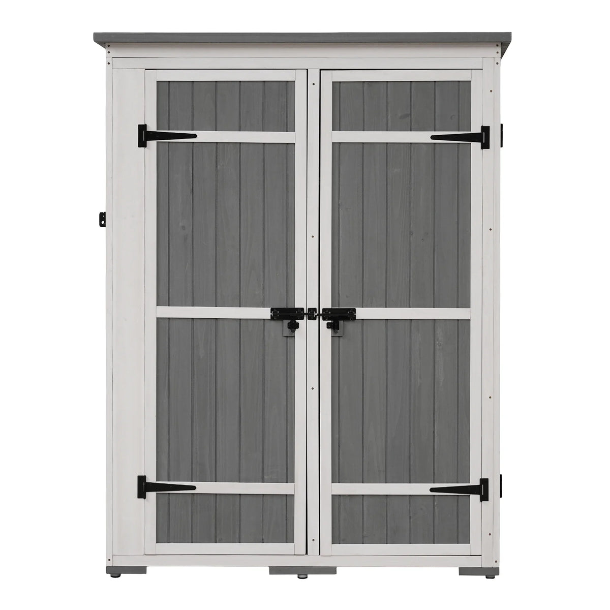 Homiyad Outdoor 5.5ft Hx4.1ft L Wood Storage Shed, Garden Tool Cabinet with Waterproof Asphalt Roof, Four Lockable Doors, Multiple-Tier Shelves, White and Gray