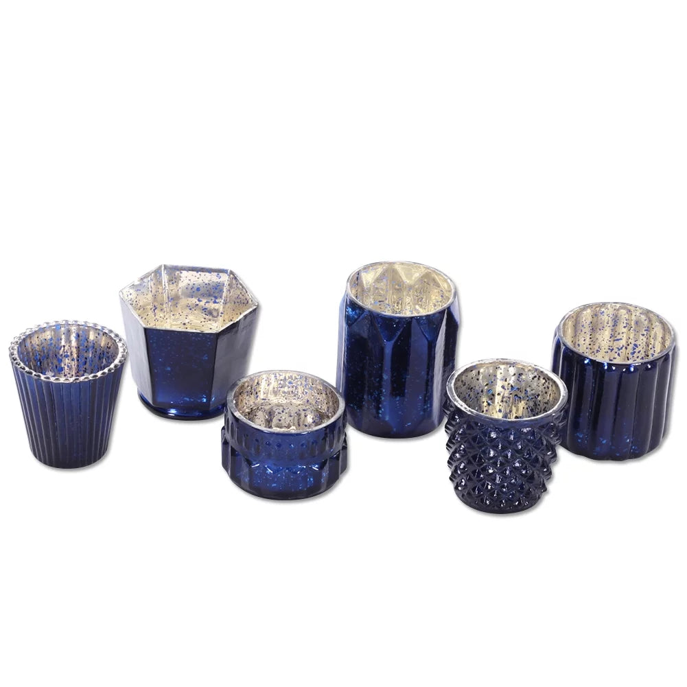 Koyal Wholepromotion Navy Blue Mixed Mercury Glass Candle Holders, 6−Pack, Mismatched Candle Holders for Candle Votives