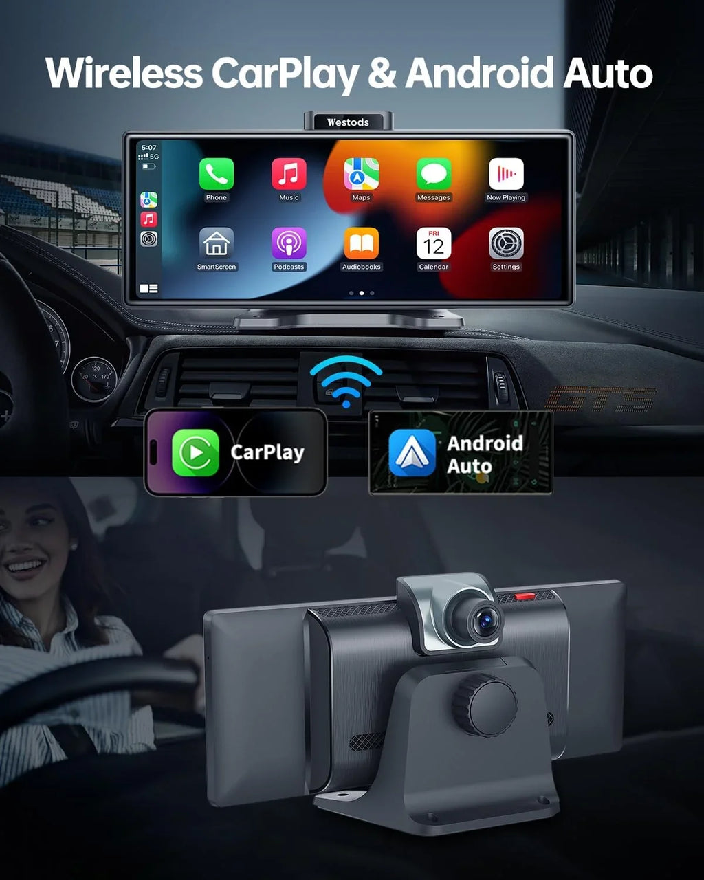 CAIHONG Portable 10.26" Wireless Carplay Screen & Android Auto with Adjustable & Detachable Mount, 2.5K Dash Cam & 1080P Backup Camera, HD IPS Touchdisplay, GPS Navigation, Bluetooth, Car Stereo, Radio