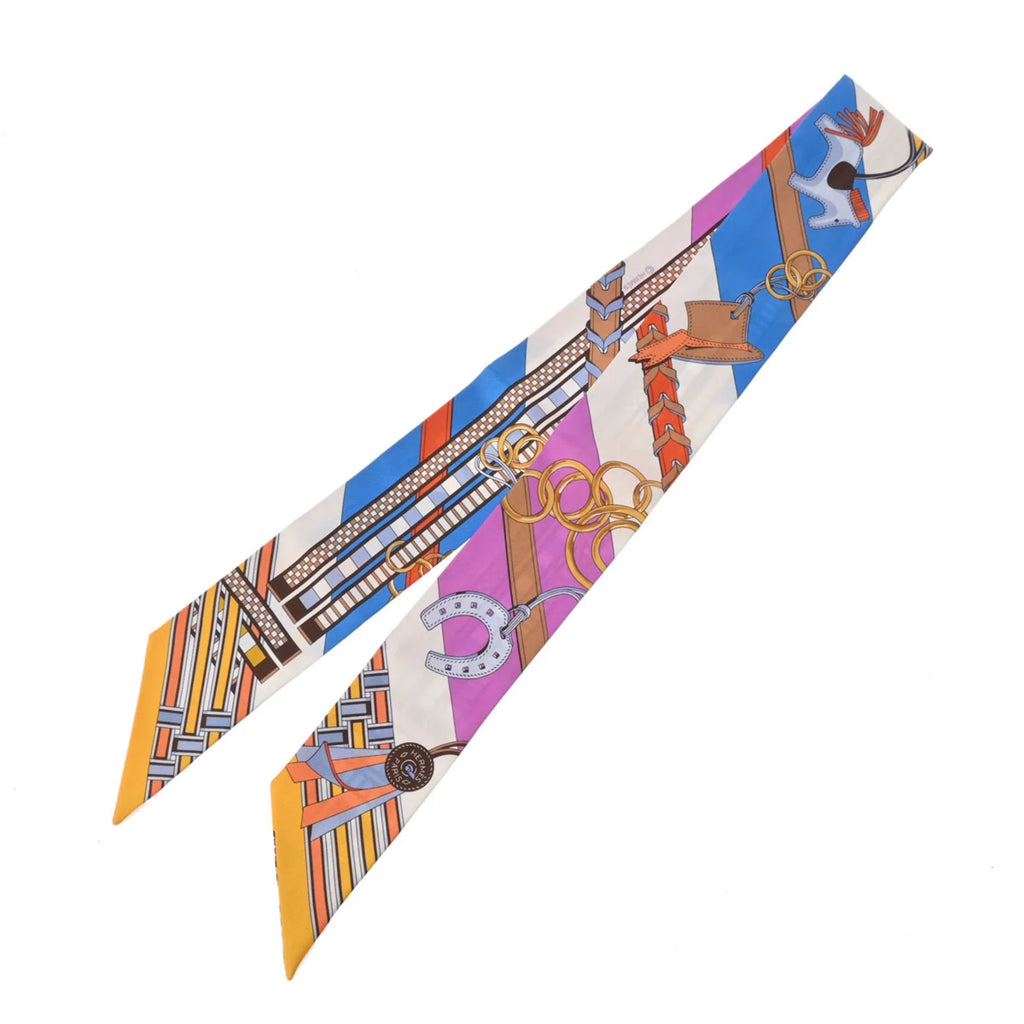 Pre-Owned HERMES Twilly BRIDES ET GRIS New Tag White/Blue/Purple - Women's 100% Silk Scarf Muffler (Good)