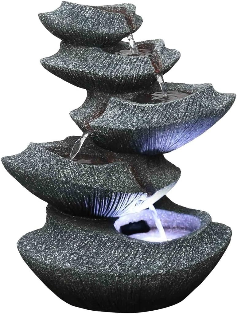 Modern Stone Tiers 14" Fountain W/LED Light: Small Indoor/Outdoor Water Feature For s, Entryways, Gardens & Patios. Hand-Crafted Design. HF-B16-14LT