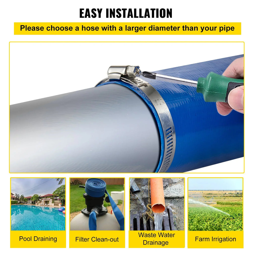 VEVOR Discharge Hose, 1-12" x 105', PVC Fabric Lay FLatitude Hose, Heavy Duty Backwash Drain Hose with Clamps, Weather-proof & Burst-proof, Ideal for Swimming Pool & Water Transfer, Blue