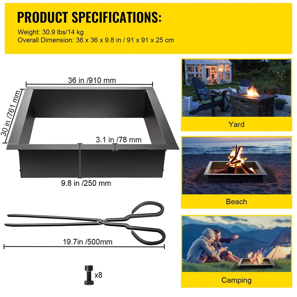 BENTISM Fire Pit Ring, 30" Square Fire Pit Insert, Heavy Duty Steel Fire Ring, DIY Bonfire Liner with Tongs Insert with Simple InstalLatitudeion for Outdoor, Patio, Backyard