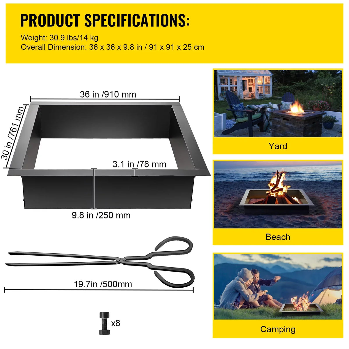 BENTISM Fire Pit Ring, 30" Square Fire Pit Insert, Heavy Duty Steel Fire Ring, DIY Bonfire Liner with Tongs Insert with Simple InstalLatitudeion for Outdoor, Patio, Backyard