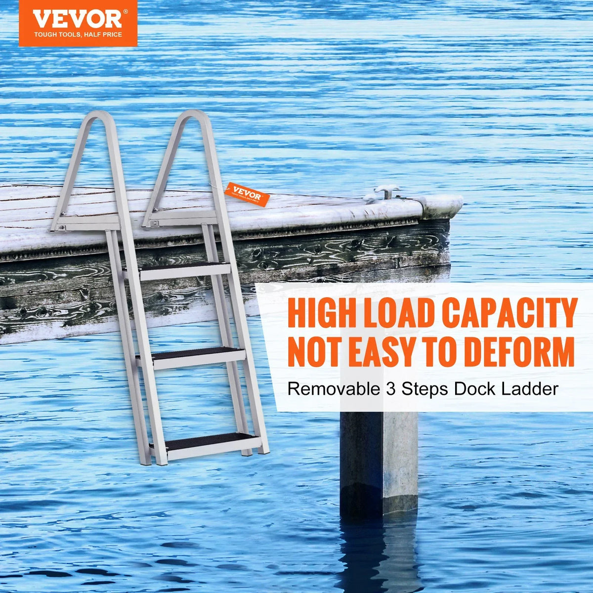 VEVOR Removable 3-Step Dock Ladder - 350 lbs Capacity, Aluminum Alloy with 4'' Wide Nonslip Steps, Simple InstalLatitudeion for Boats, Lakes, Pools & Marine Access