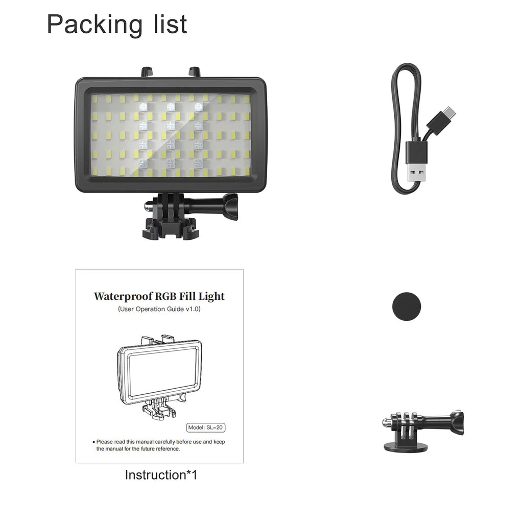 Andoer SL-20 Waterproof RGB Fill Light LED Video Light 8 Modes CRI95+ Dimmable IPX8 Underwater 40M Built-in Rechargeable Battery for Diving Snorkeling Underwater Photography Video Replaceme