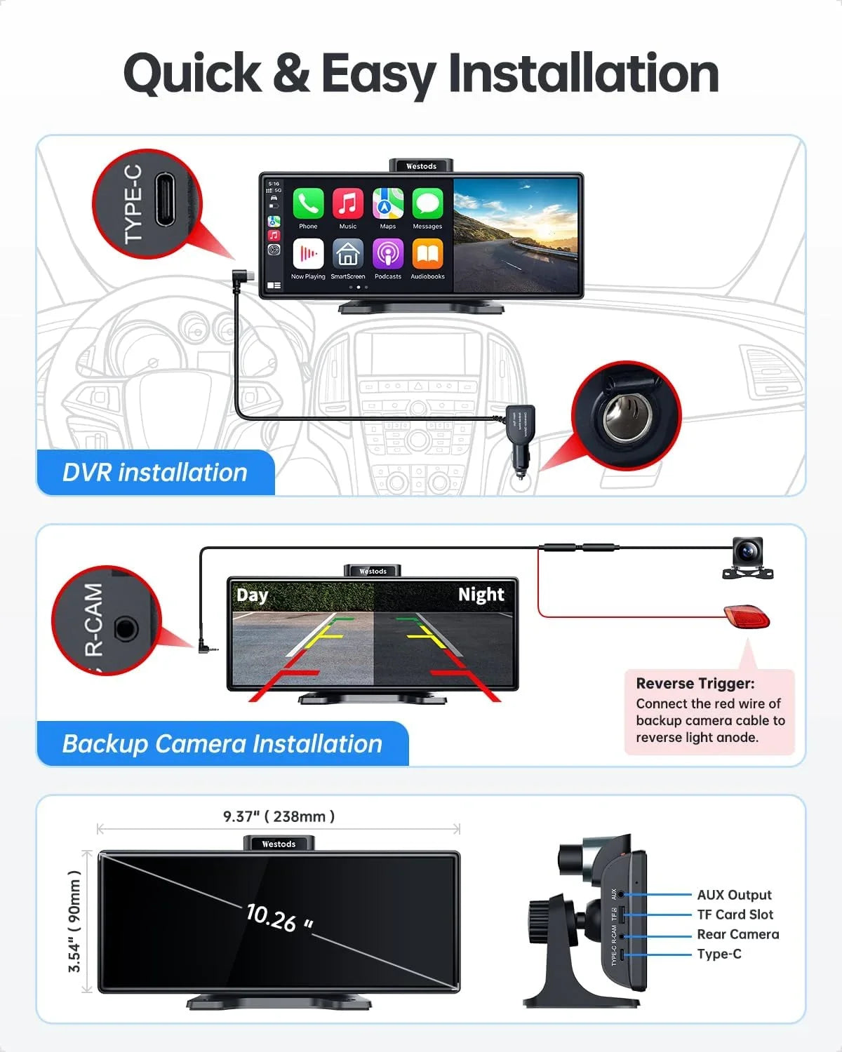 CAIHONG Portable 10.26" Wireless Carplay Screen & Android Auto with Adjustable & Detachable Mount, 2.5K Dash Cam & 1080P Backup Camera, HD IPS Touchdisplay, GPS Navigation, Bluetooth, Car Stereo, Radio