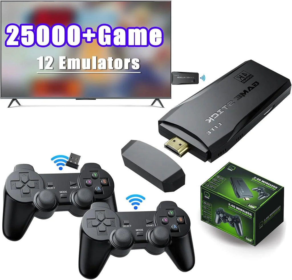 Game Stick 64G, 25,000+ Retro Games, Compatible with 12 EmuLatitudeor Console, Wireless Retro Game Console Support 4K HD Output, Plug and Play Video Games for TV, 2.4G Wireless Controllers
