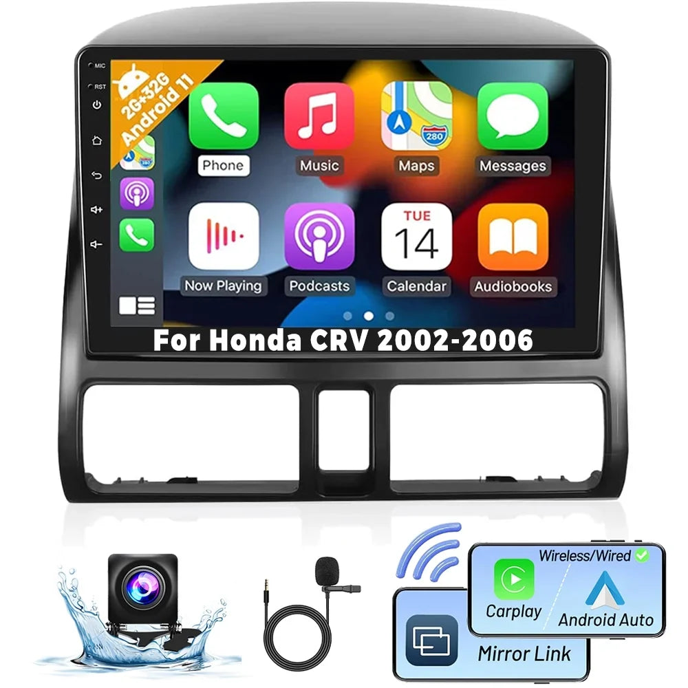 2+32G for Honda CRV 2002-2006 Wireless Carplay Android Auto Mirror Link 9'' Touchdisplay Car Stereo Radio Player Bluetooth 1080P WIFI Hifi GPS FM Usb, AHD Backup Camera&Microphone