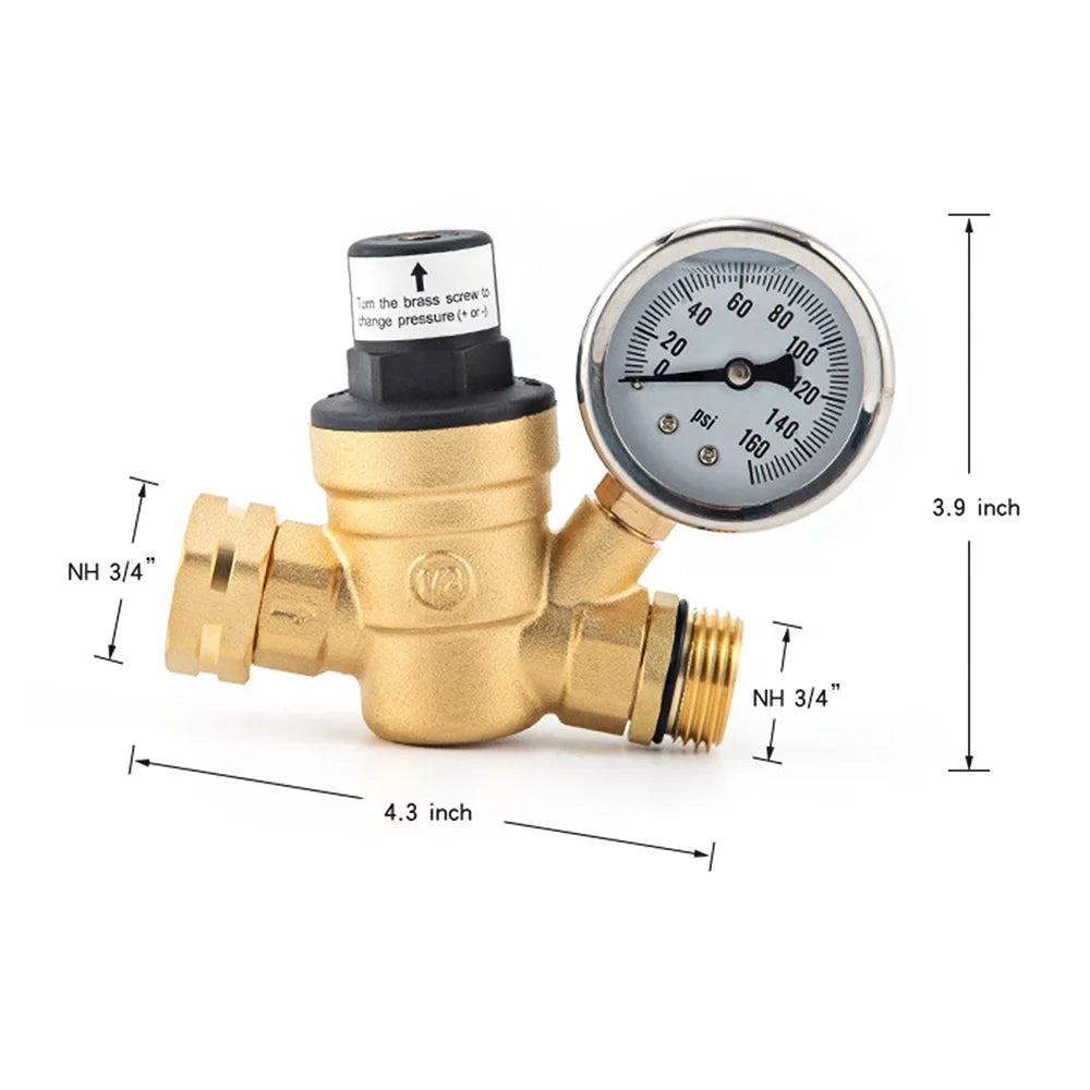 Adjustable Water Pressure ReguLatitudeor Valve - Lead-Free Brass, with 0-160PSI Gauge and Inlet Screened Filter, Ideal for RV and Travel Trailers