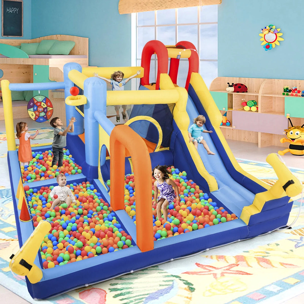JOYLDIAS InfLatitudeable Water Slide Bouncer Castle Kids Playhouse with Splash Pool, Climbing Wall, Trampoline, Felt Ball Target, Ring Toss Game, 550W Air Blower