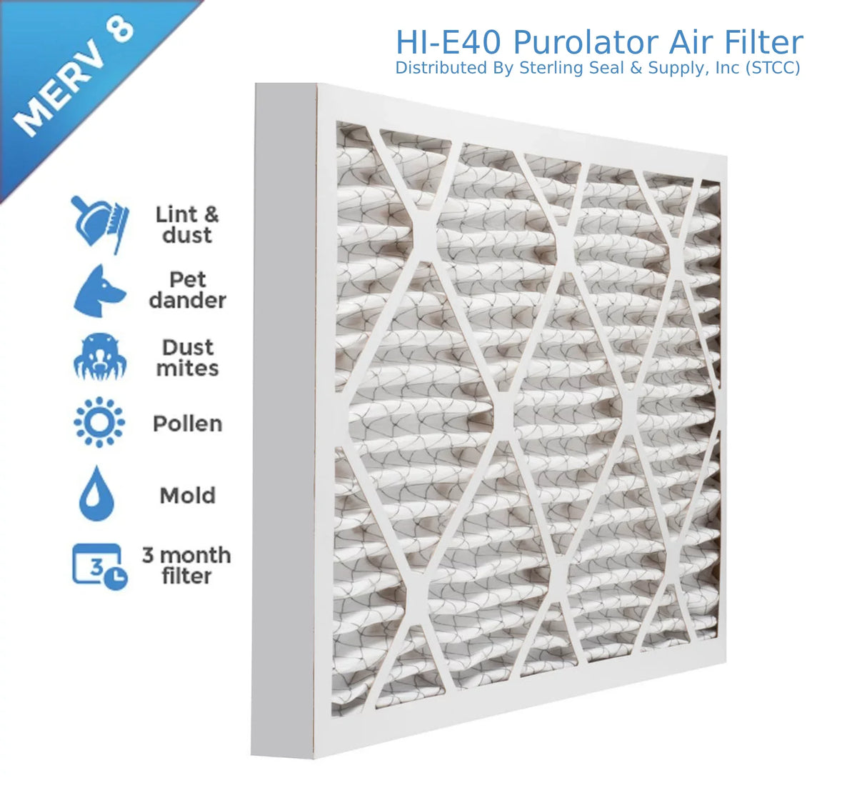 16x25x2, PuroLatitudeor / Air Guard  Hi-E 40 Extended Surface Pleated Air Filter, Mechanical MERV 8, (6 Pack)