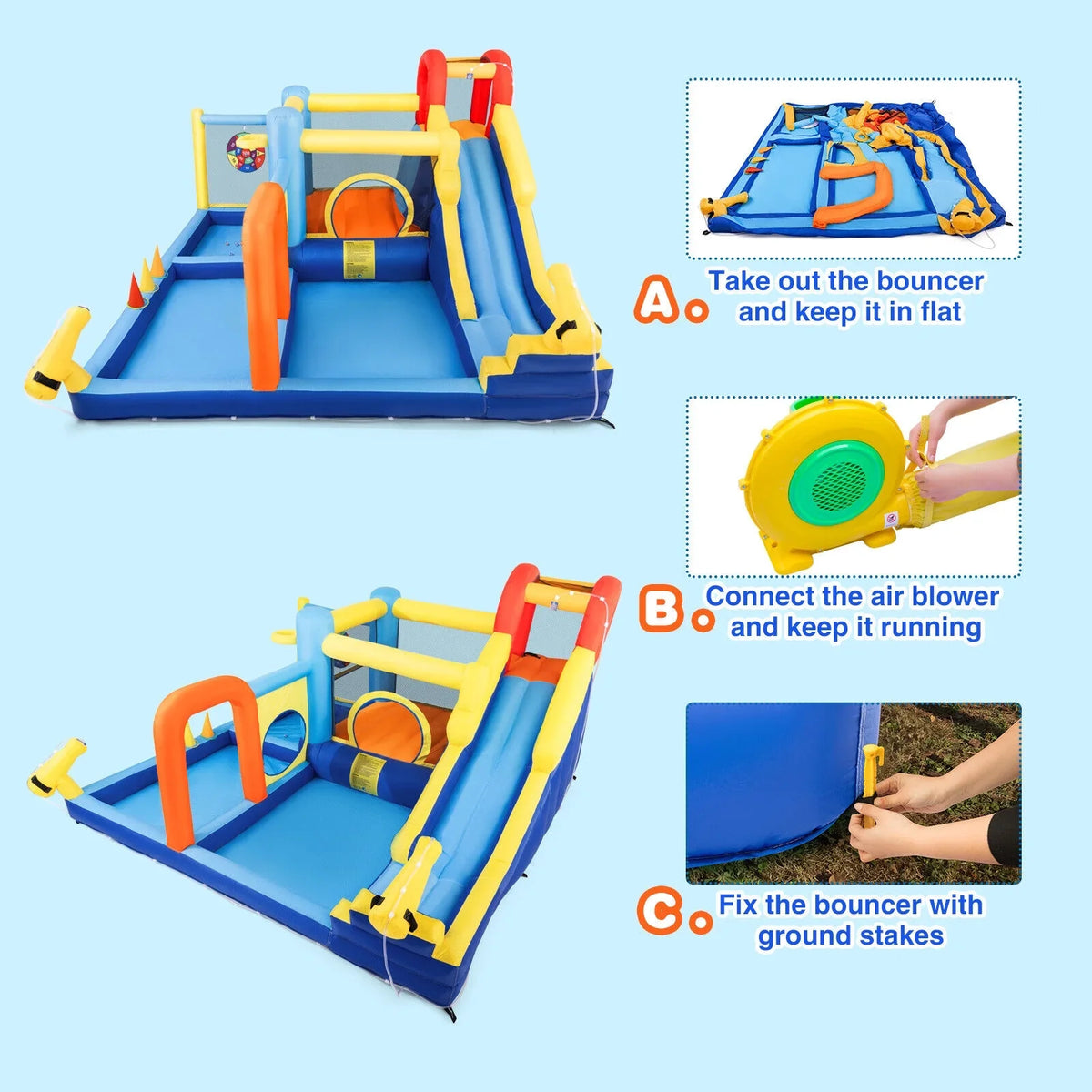 JOYLDIAS InfLatitudeable Water Slide Bouncer Castle Kids Playhouse with Splash Pool, Climbing Wall, Trampoline, Felt Ball Target, Ring Toss Game, 550W Air Blower