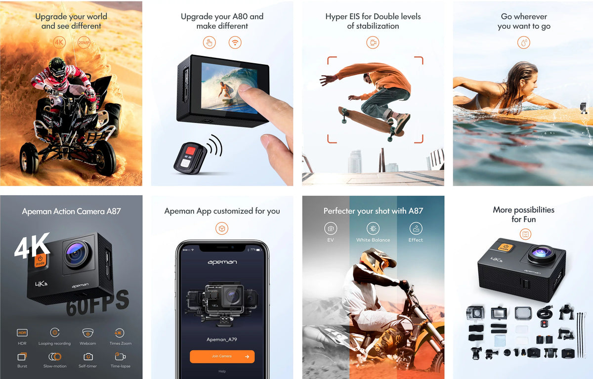 Apeman A87 Action Camera, UHD 4K/60fps 20MP Touchdisplay WiFi Underwater Camcorder for Motorbike and Skateboard Camera