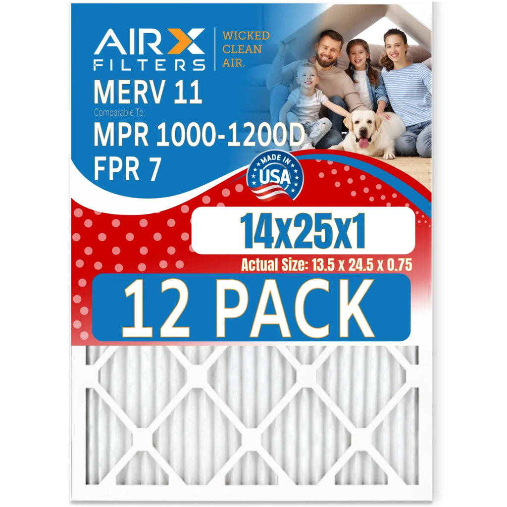 14x25x1 Air Filter MERV 11 Rating, 12 Pack of Furnace Filters Comparable to MPR 1000, MPR 1200 & FPR 7 - Made in USA by AIRX FILTERS WICKED CLEAN AIR.