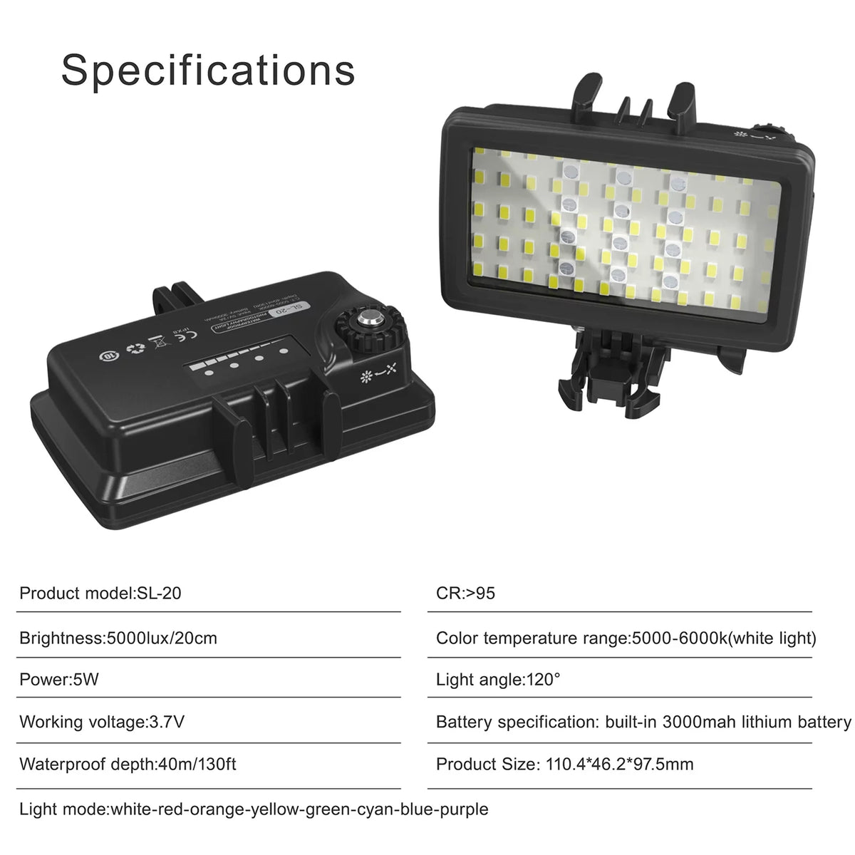 Andoer SL-20 Waterproof RGB Fill Light LED Video Light 8 Modes CRI95+ Dimmable IPX8 Underwater 40M Built-in Rechargeable Battery for Diving Snorkeling Underwater Photography Video Replaceme