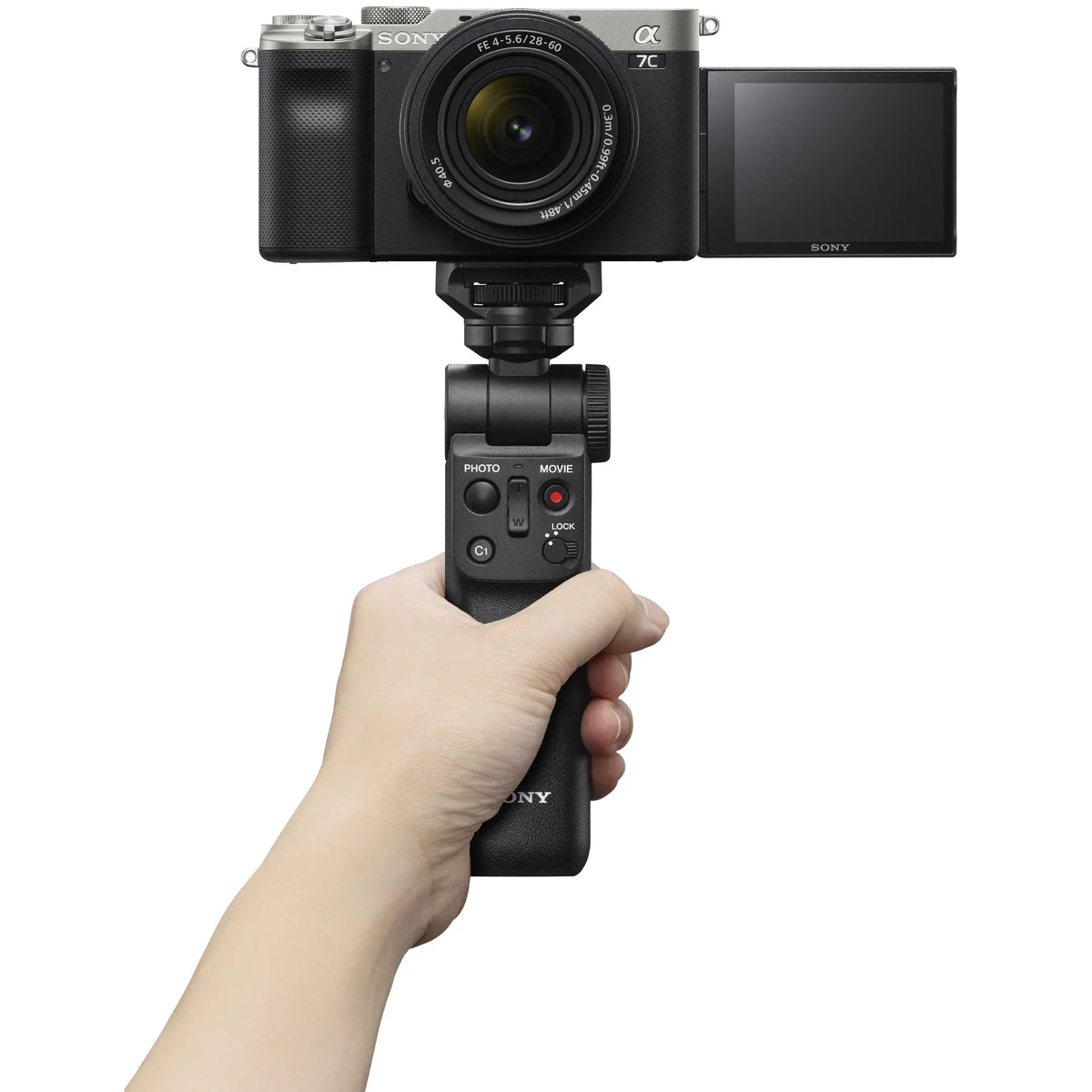 Sony a7C Mirrorless Full Frame Camera Body with 28-60mm F4-5.6 Lens Silver ILCE7CL/S Bundle + Vlogger Kit ACCVC1: GP-VPT2BT Shooting Grip w. Wireless Remote + 2x Battery + Deco Gear Bag & Accessories