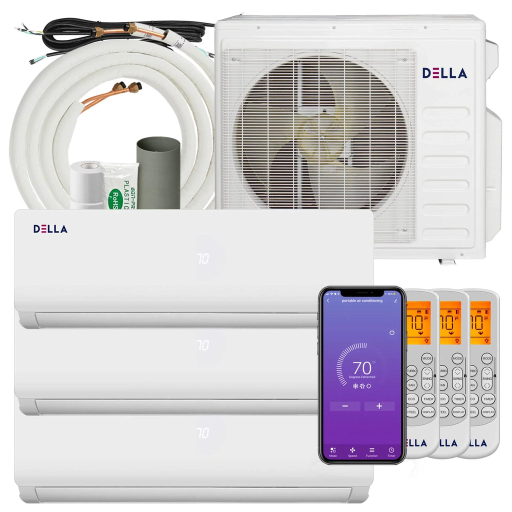Della 27K BTU ODU Tri 3 Zone 9K 9K 9K BTU 20 SEER 208/230V Cools Up to 1200 Sq.Ft Wifi Energy Efficient Multi Zone Ductless Mini Split Air Conditioner Heat Pump Full Set with 16ft InstalLatitudeion Kits