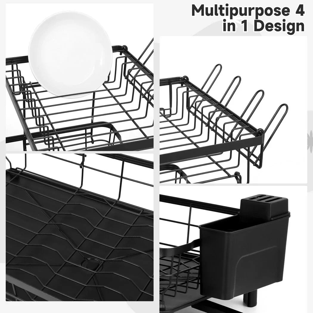2 Tier Dish Rack and Dish Drainer for Kitchen Counter, Dish Drying Rack with Dish Drainer, Detachable Stainless Steel Dish Drainer Rack with Utensil Holder, Kitchen Dishes Storage and Organizers, Blac
